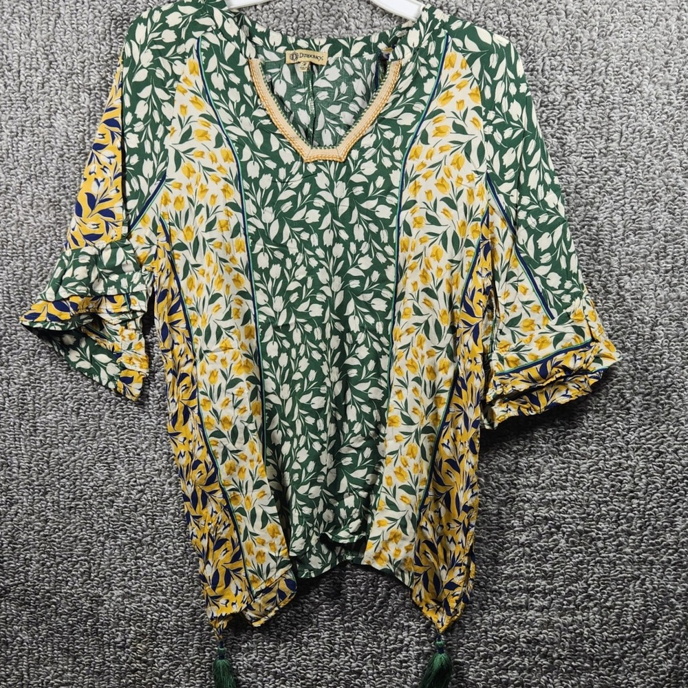Democracy Floral V-Neck Top Green Yellow Boho Tassel Bell Sleeve Womens Medium